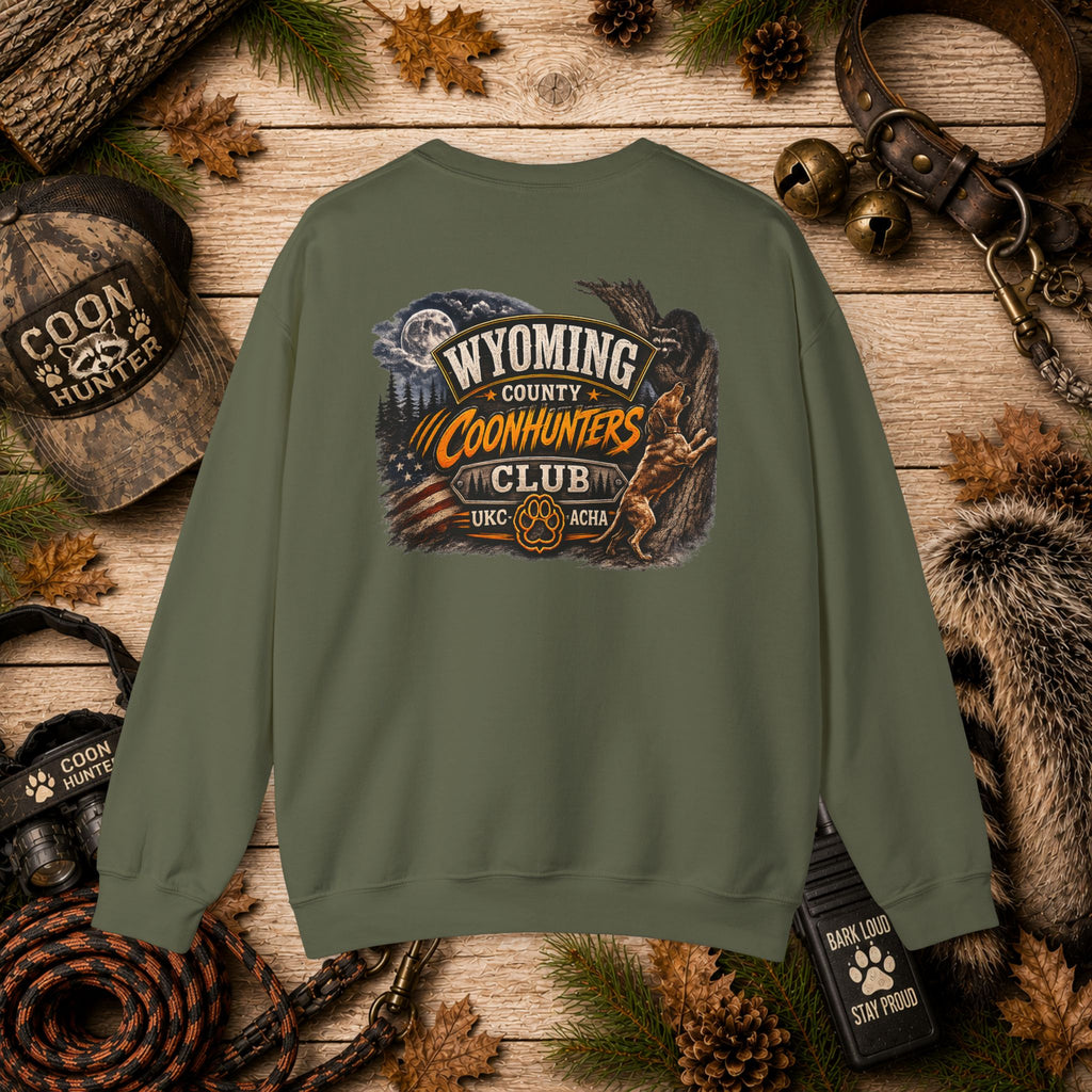 Wyoming Coonhunters Club Crewneck Sweatshirt Dual Print Badge front/Banner back