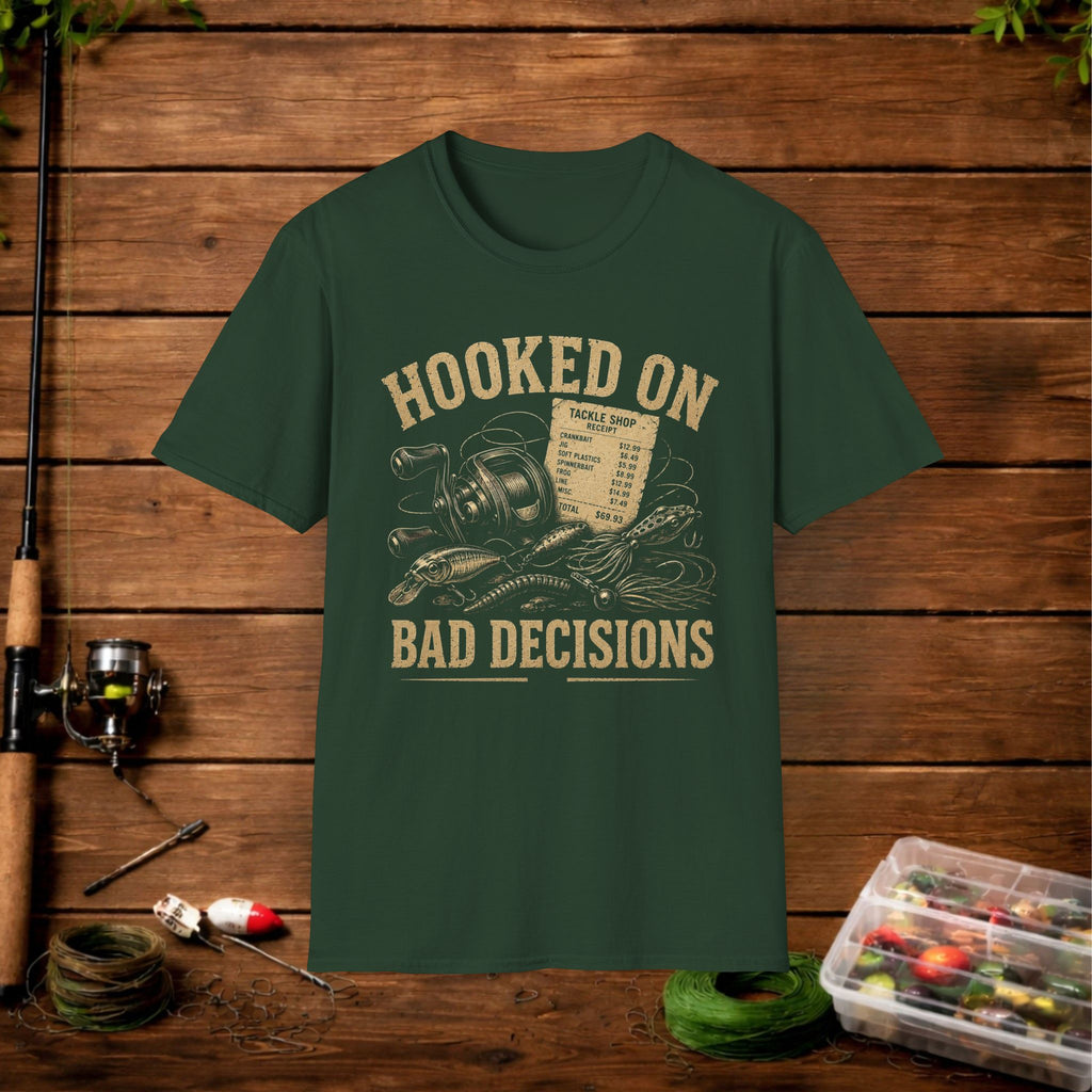 Hooked On Bad Decisions T‑Shirt — Funny Fishing Graphic Tee for Anglers & Outdoors