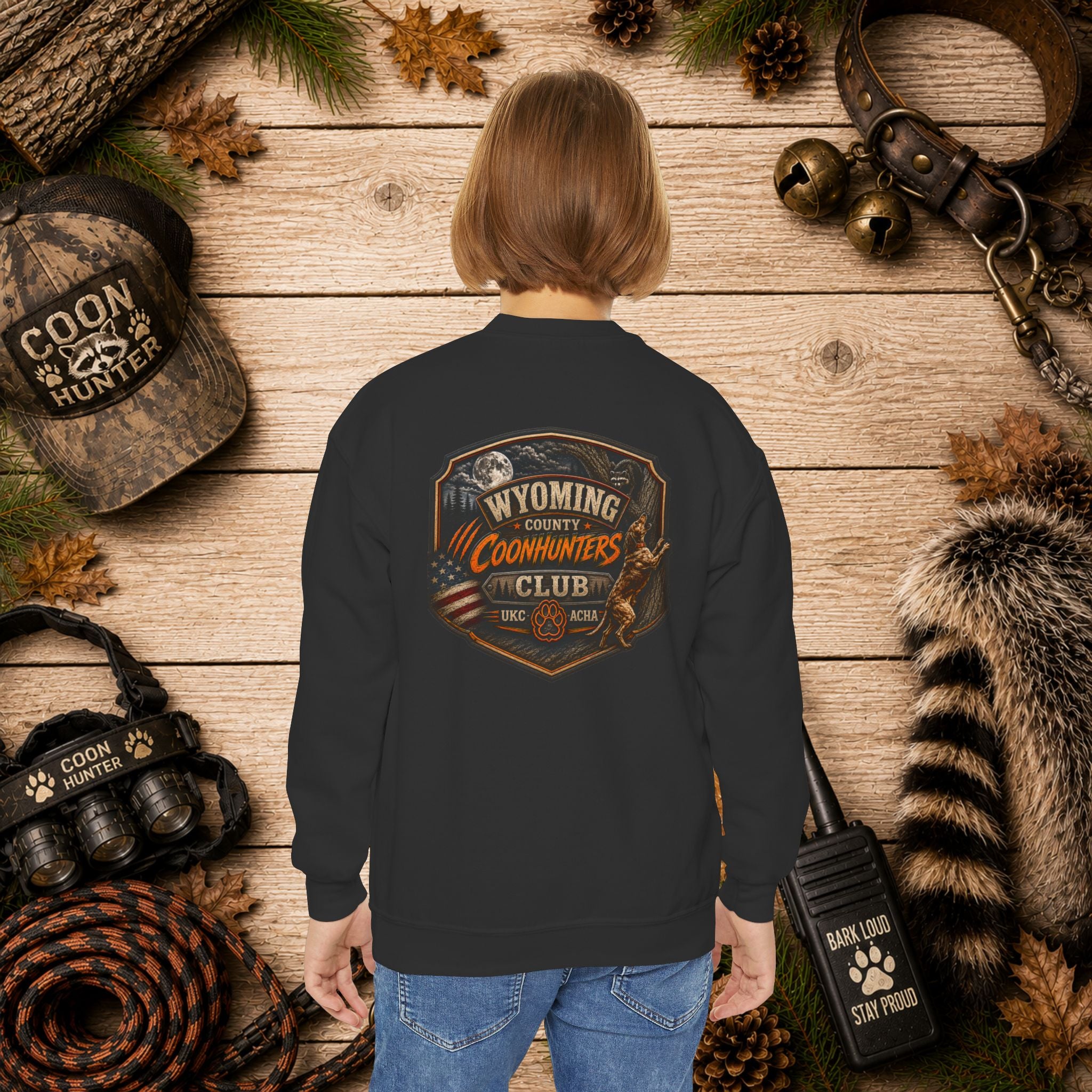 Youth Crewneck Sweatshirt — Wyoming County Coonhunters Club Graphic