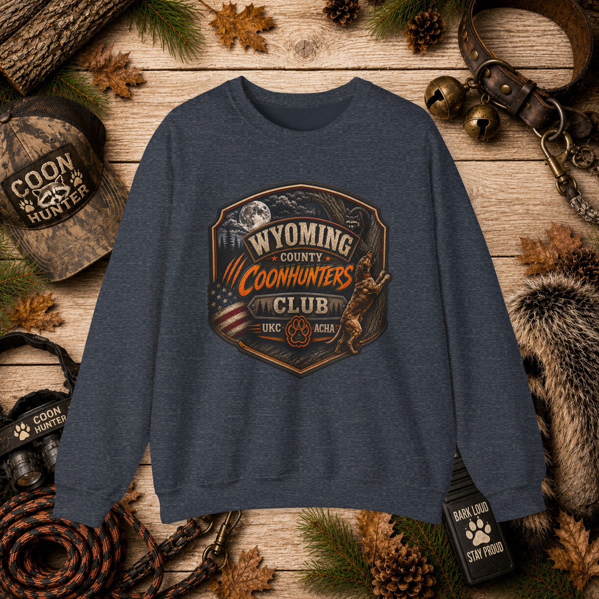 Wyoming Coonhunters Club Crewneck Sweatshirt Dual Print Badge front/Banner back