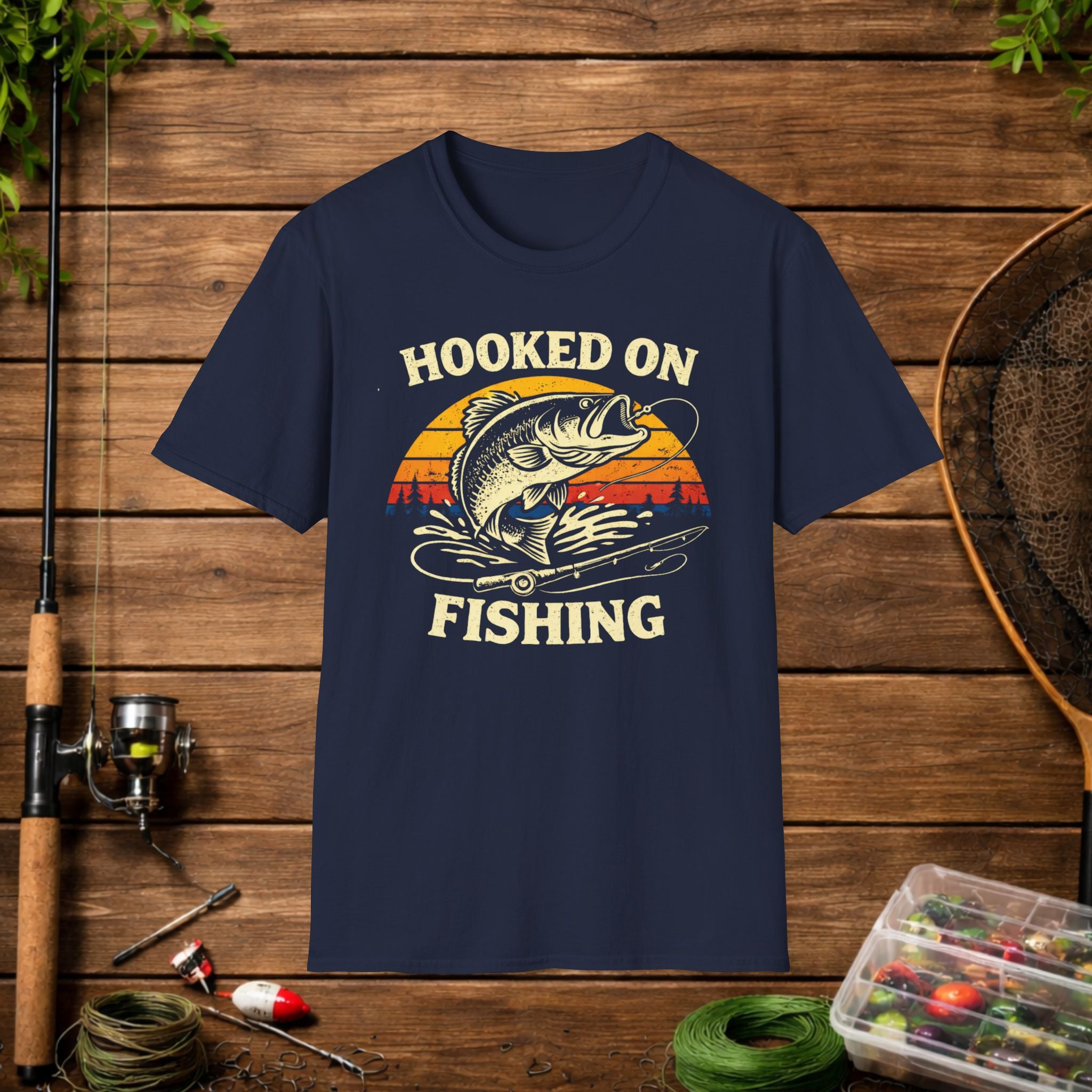 Hooked on Fishing Retro Sunset Shirt – Bass Fishing T-Shirt – Vintage Fisherman Tee – Largemouth Bass Angler Gift