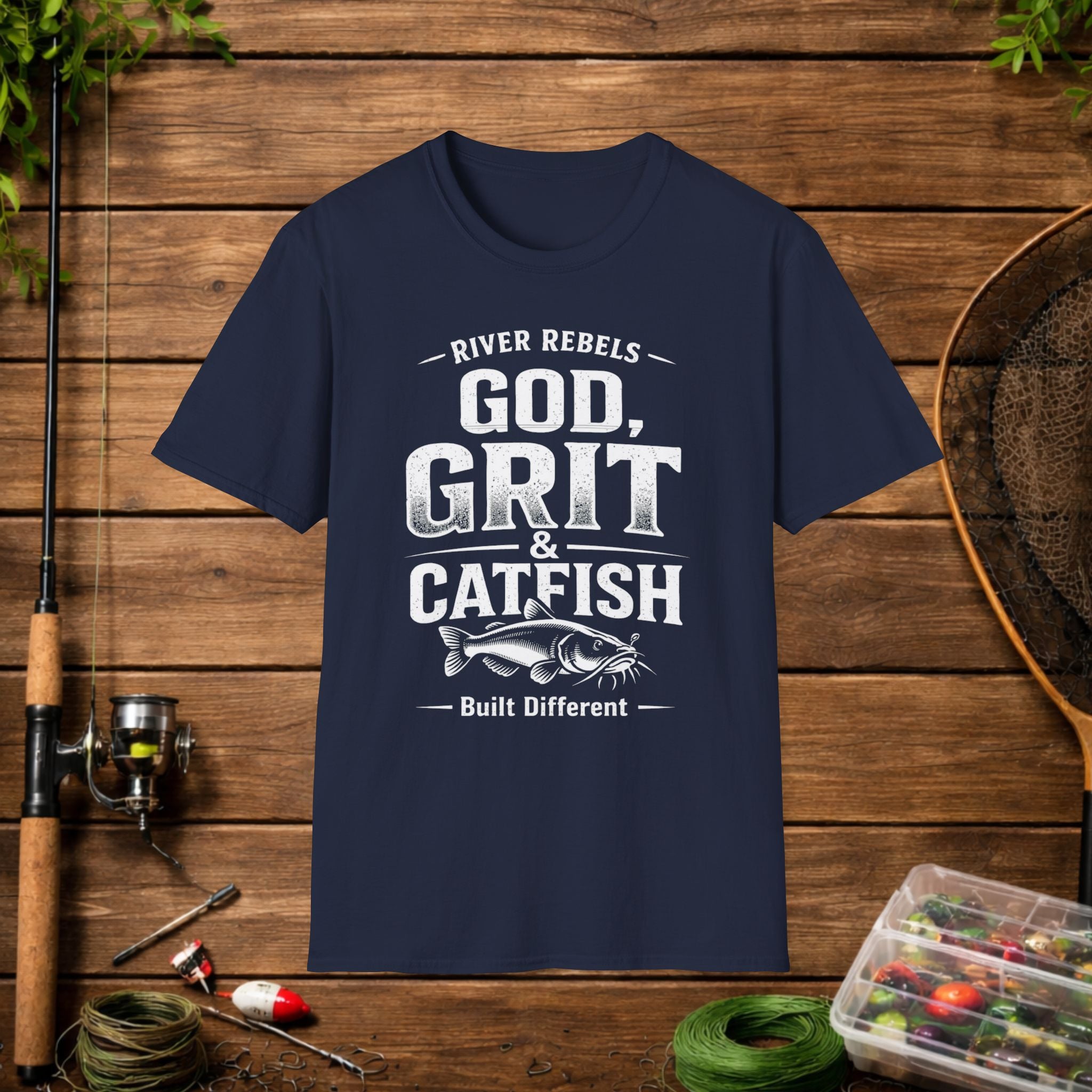 God Grit & Catfish Shirt – River Rebels Faith Fishing Tee – Christian Outdoor Shirt – Built Different Country Apparel
