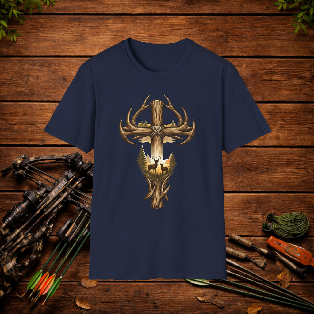 Christian Deer Hunting Shirt – Cross with Antlers Whitetail Tee – Faith Hunting Apparel – Rustic Outdoor Shirt