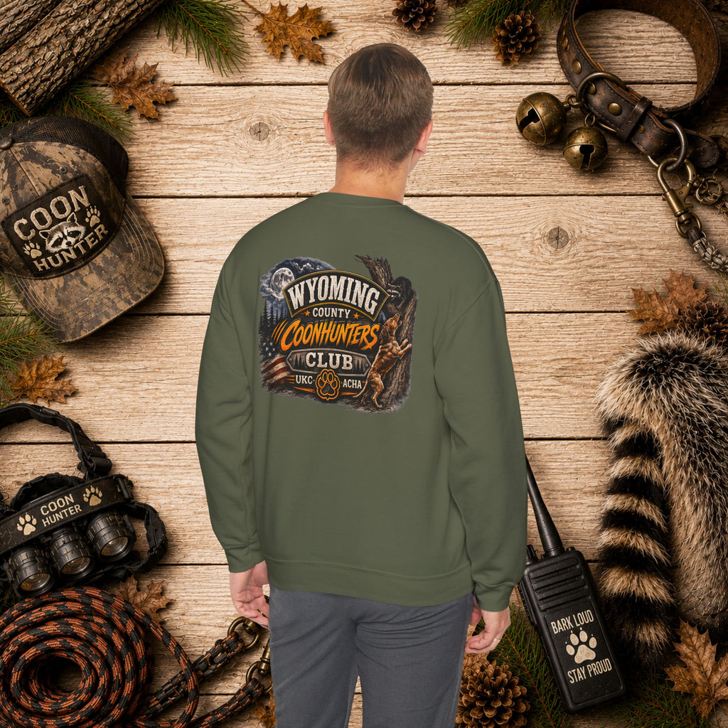 Wyoming Coonhunters Club Crewneck Sweatshirt Dual Print Badge front/Banner back