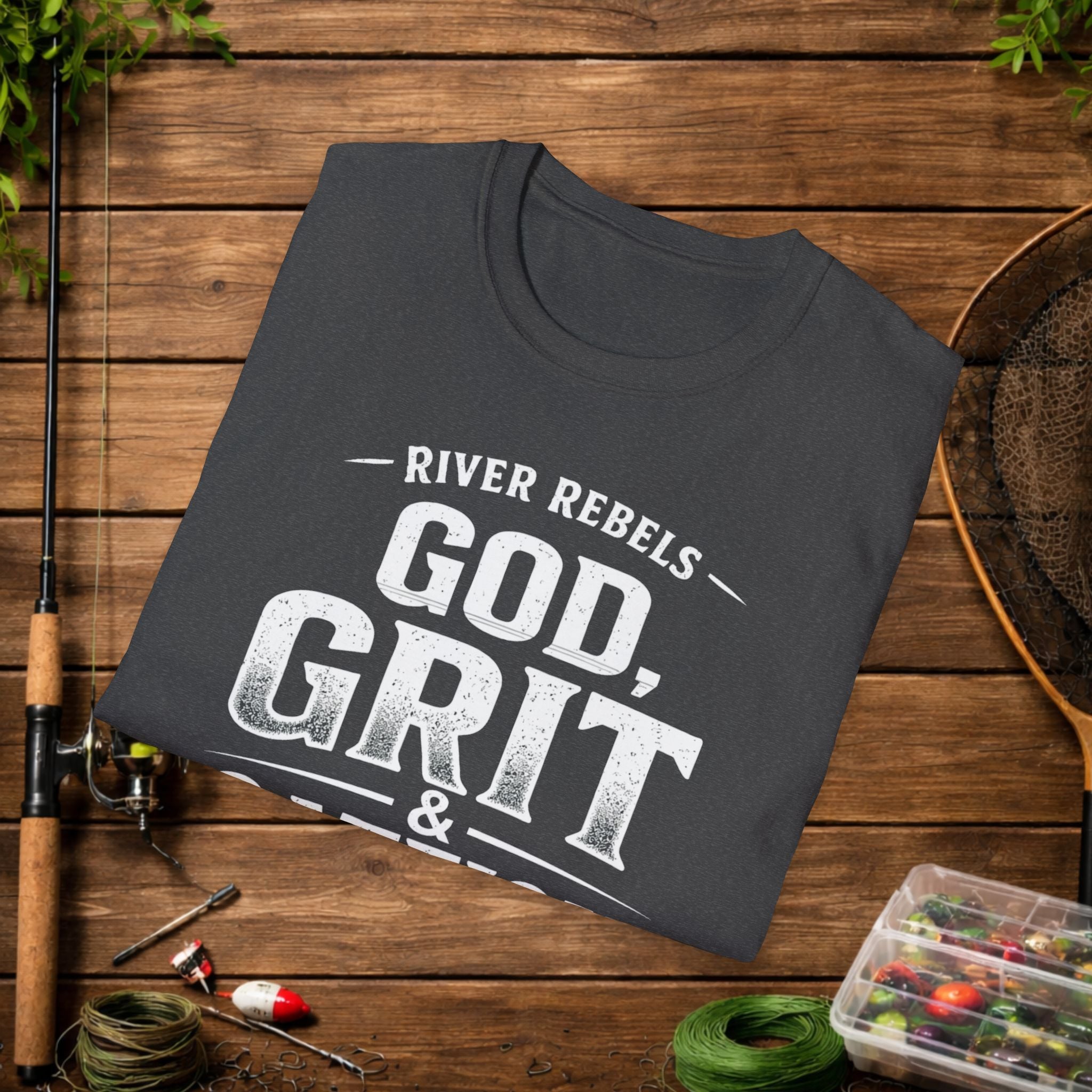 God Grit & Catfish Shirt – River Rebels Faith Fishing Tee – Christian Outdoor Shirt – Built Different Country Apparel