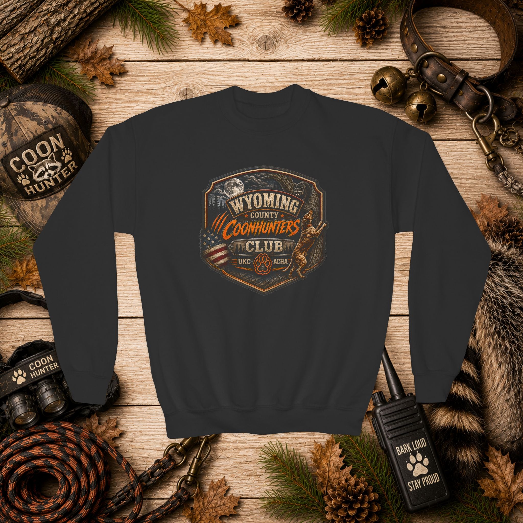 Youth Crewneck Sweatshirt — Wyoming Coonhunters Club Vintage Hunting Graphic Dual print Badge front/Banner back