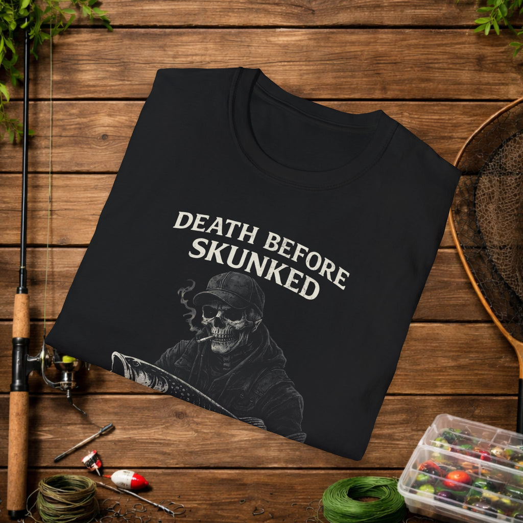Musky Fishing Shirt – Death Before Skunked – Grim Reaper Angler Tee – Muskie Fisherman Gift – Dark Fishing T-Shirt
