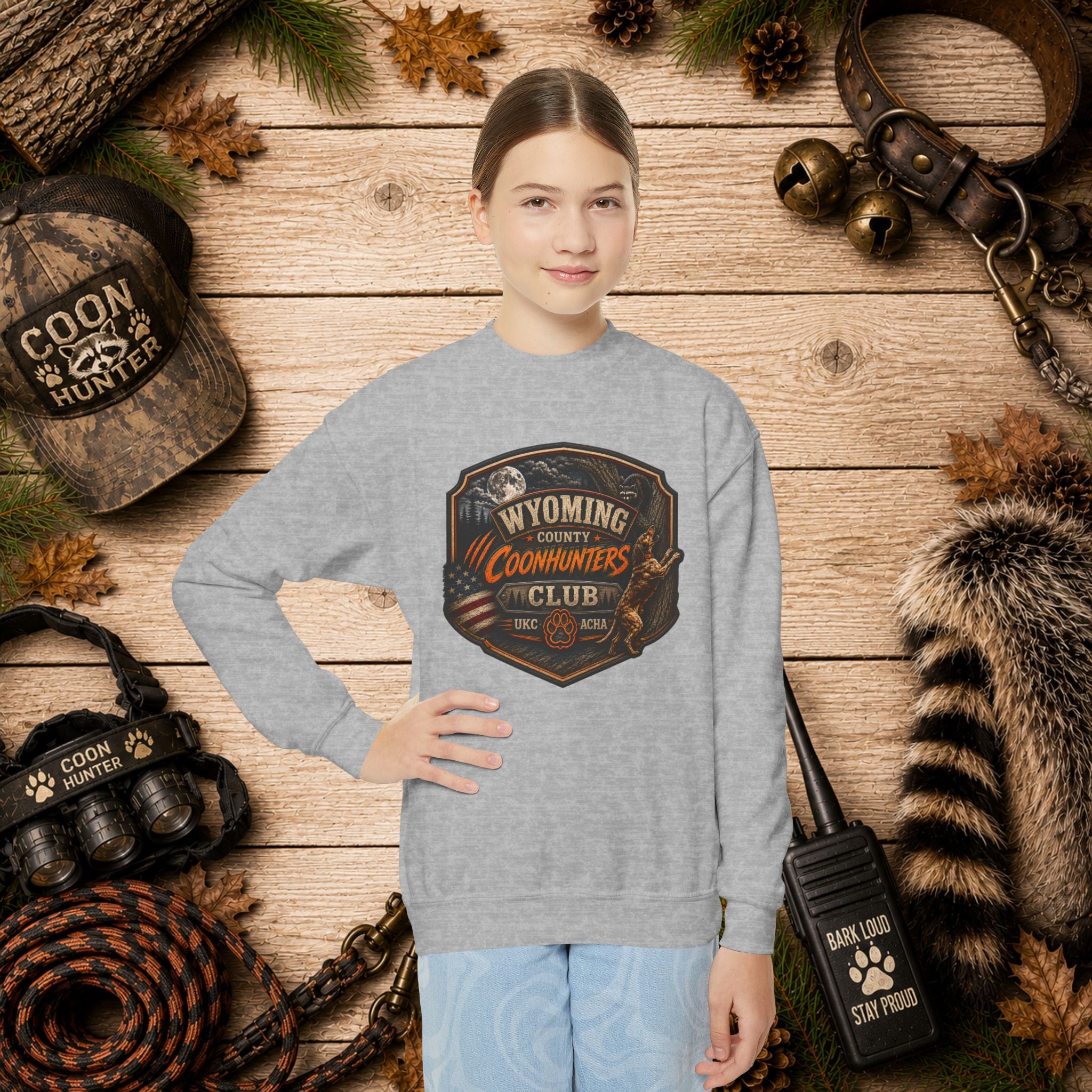 Youth Crewneck Sweatshirt — Wyoming Coonhunters Club Vintage Hunting Graphic Dual print Badge front/Banner back