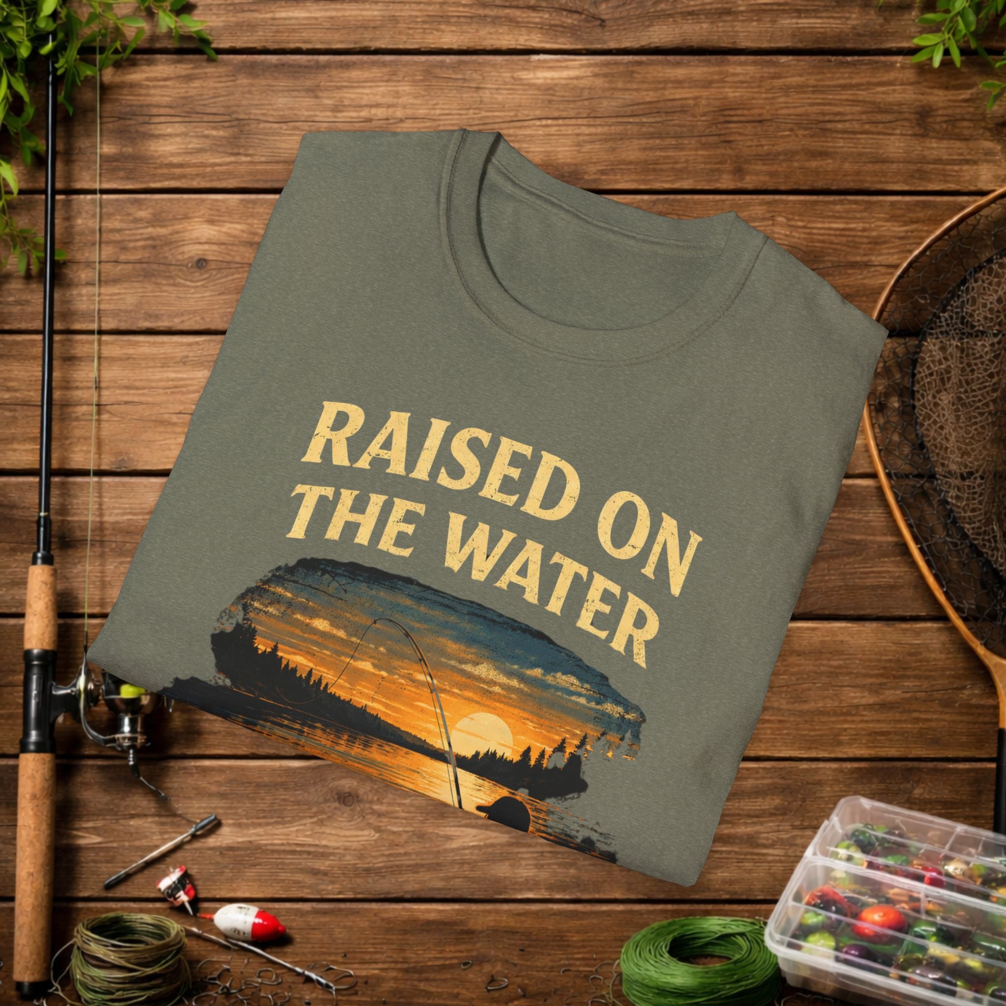 Raised On The Water Shirt – Fishing Dad Tee – Sunset Lake Fishing Shirt – Father Son Fishing Gift – Outdoor Lifestyle Apparel