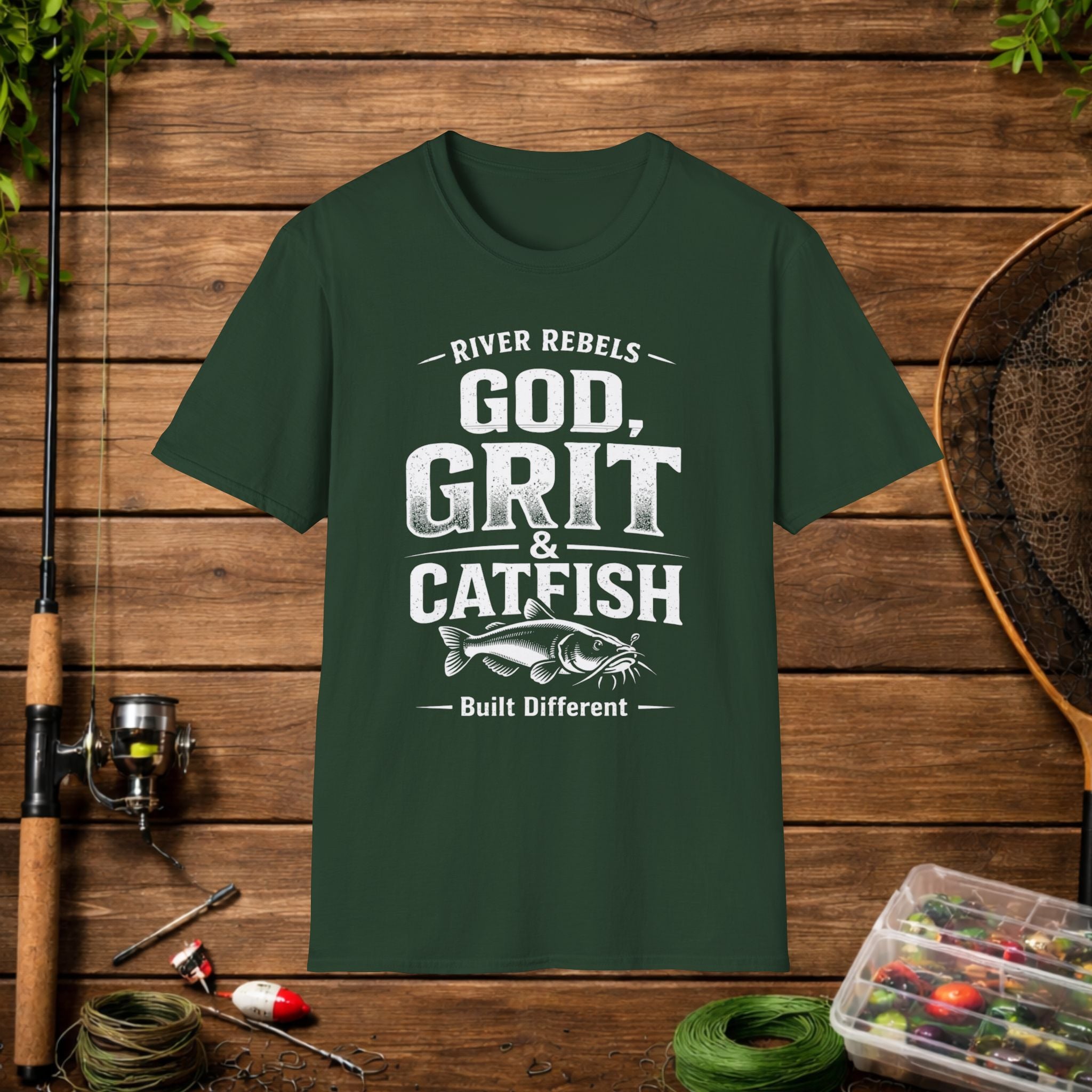 God Grit & Catfish Shirt – River Rebels Faith Fishing Tee – Christian Outdoor Shirt – Built Different Country Apparel