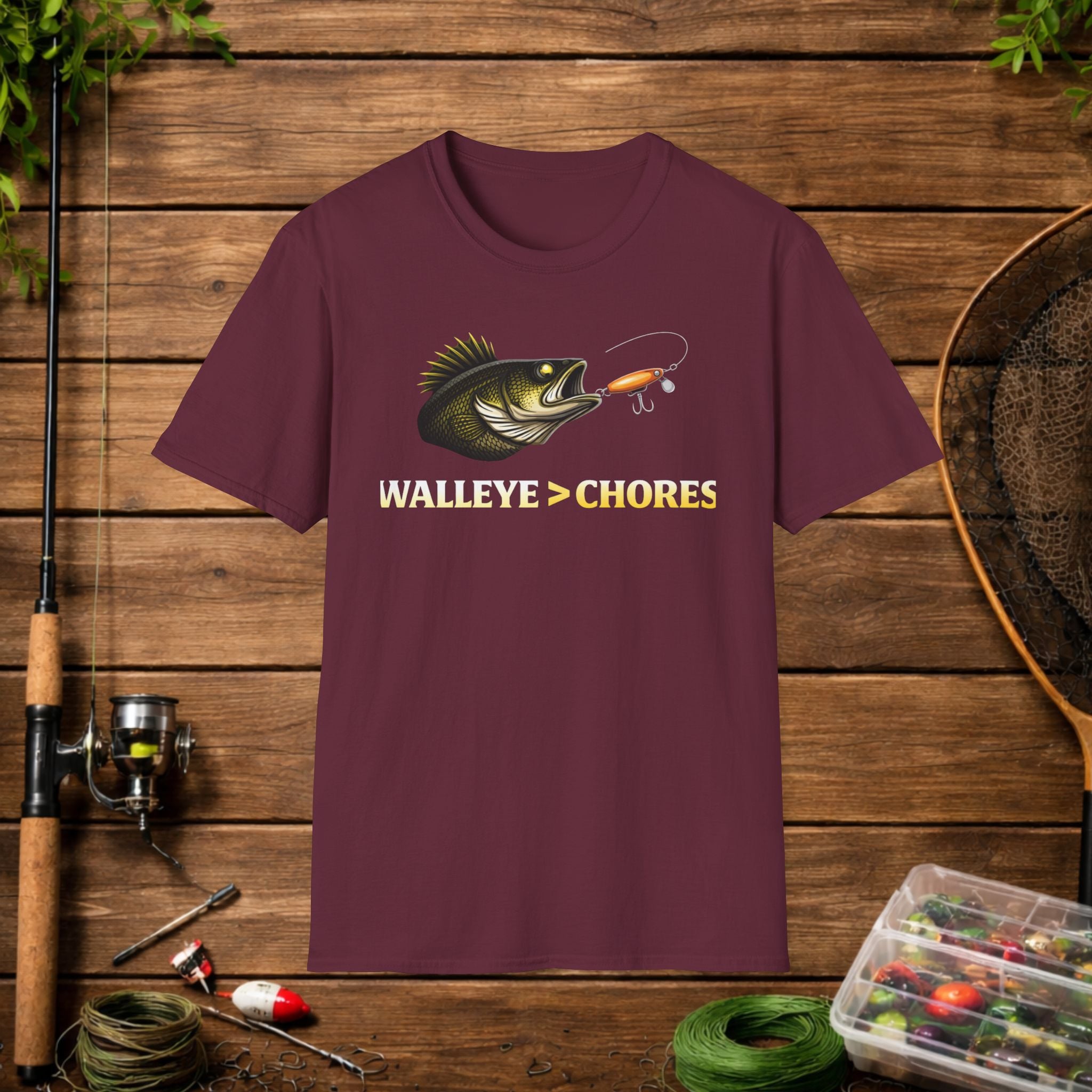 Walleye Over Chores Fishing Shirt – Funny Walleye Angler Tee – Walleye > Chores Shirt – Fisherman Gift