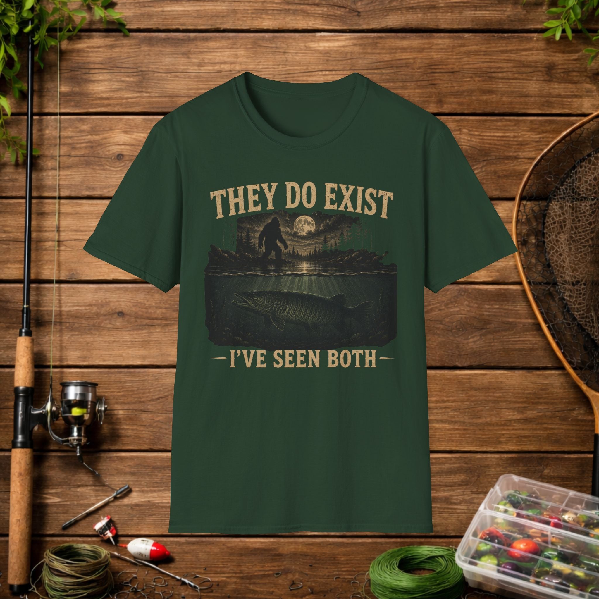 Fishing & Bigfoot T-Shirt - "They Do Exist I've Seen Both" Outdoor Graphic Tee