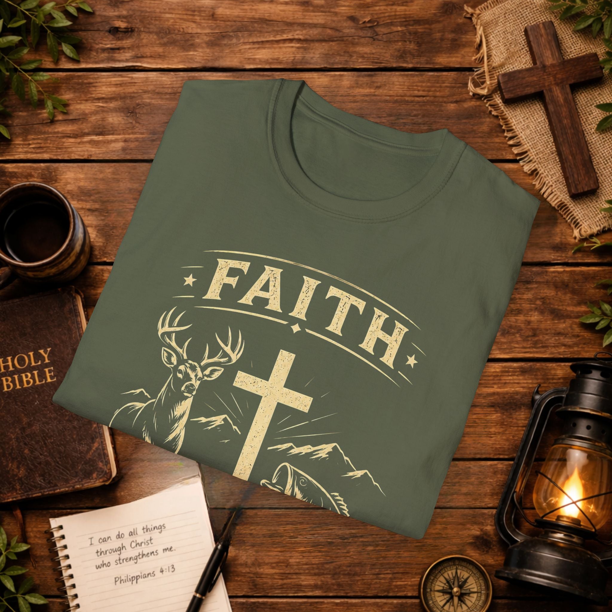 Faith Cross Deer & Fish T-Shirt — Christian Hunting & Fishing Graphic Tee