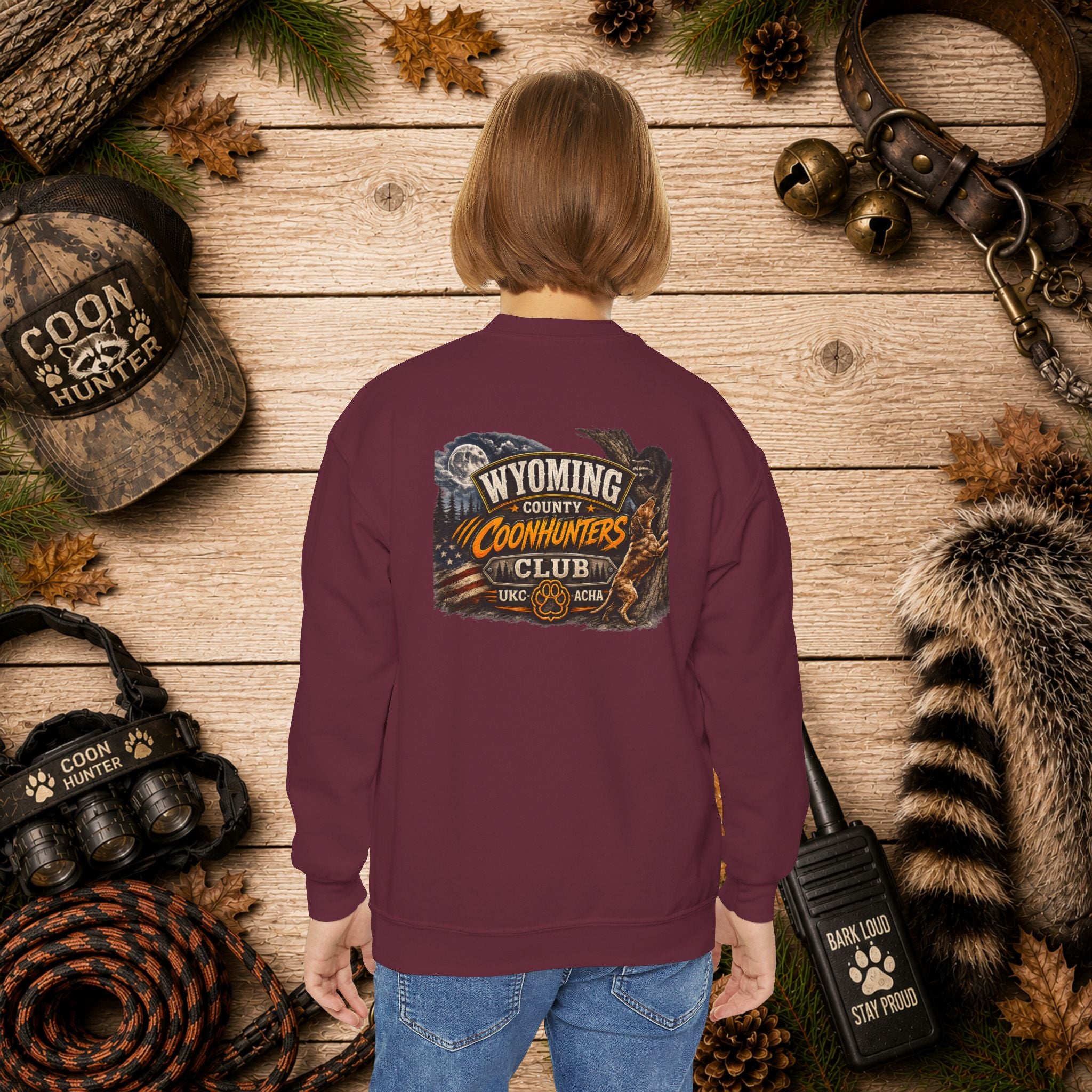 Youth Crewneck Sweatshirt — Wyoming County Coonhunters Club Graphic Pullover