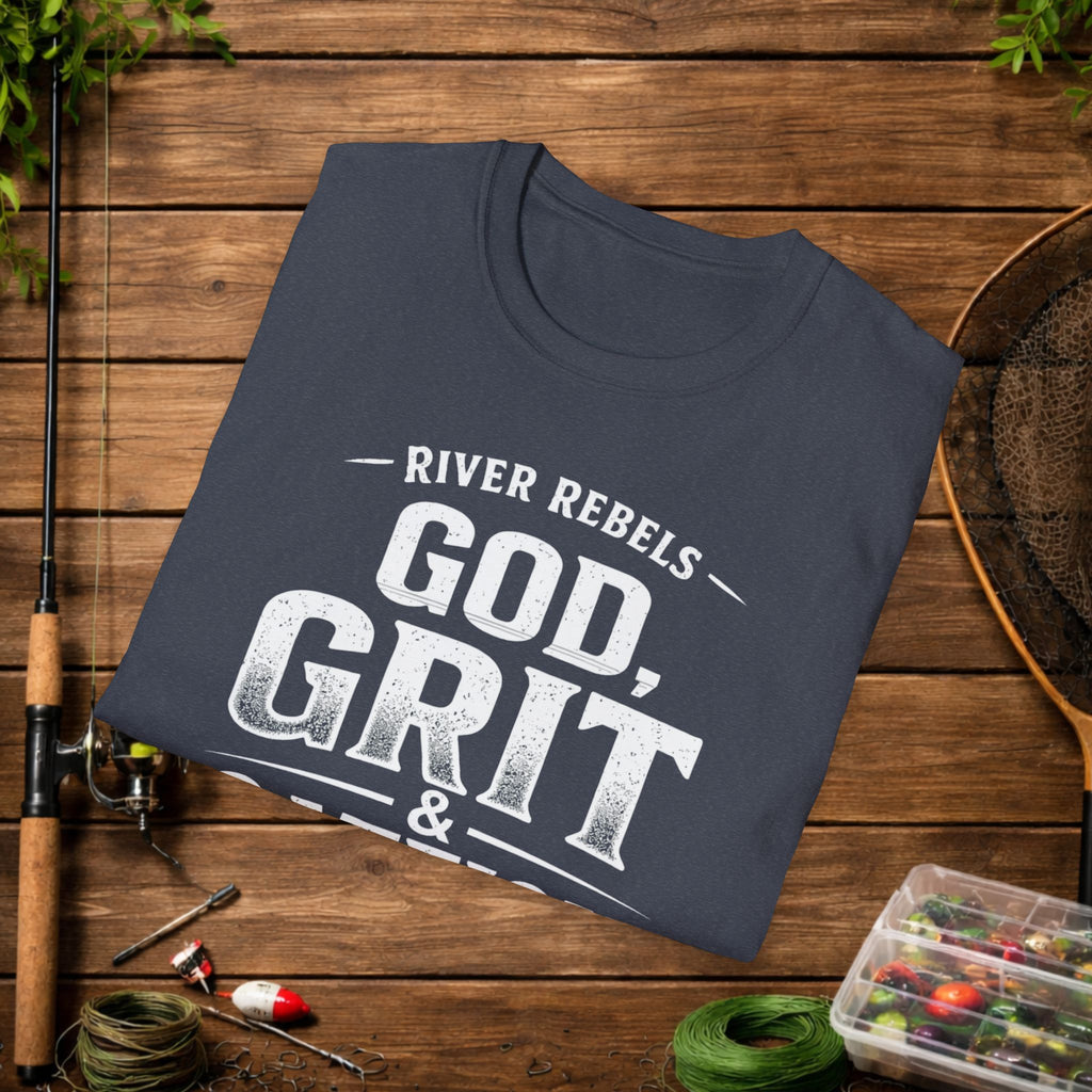 God Grit & Catfish Shirt – River Rebels Faith Fishing Tee – Christian Outdoor Shirt – Built Different Country Apparel