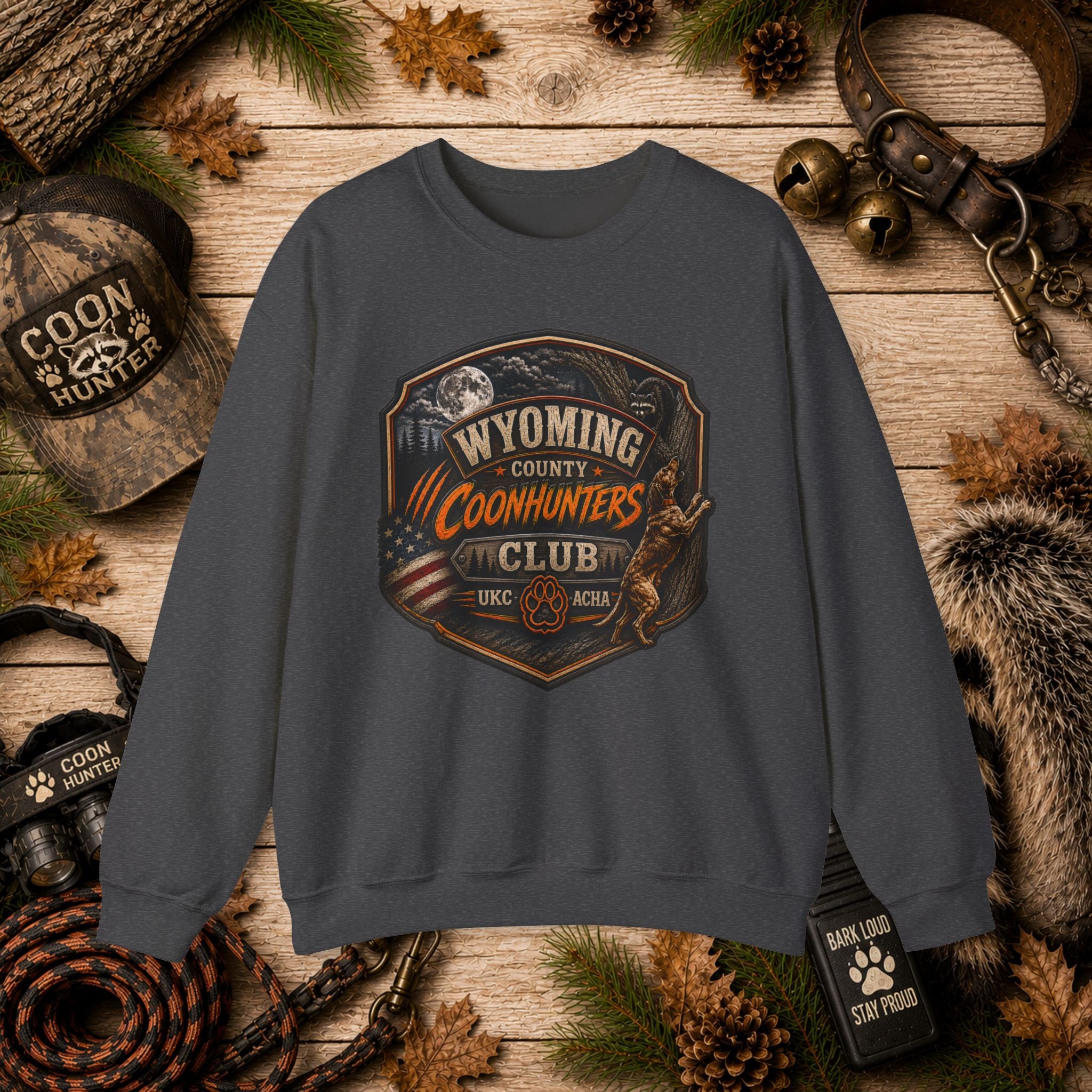 Wyoming Coonhunters Club Crewneck Sweatshirt Dual Print Badge front/Banner back