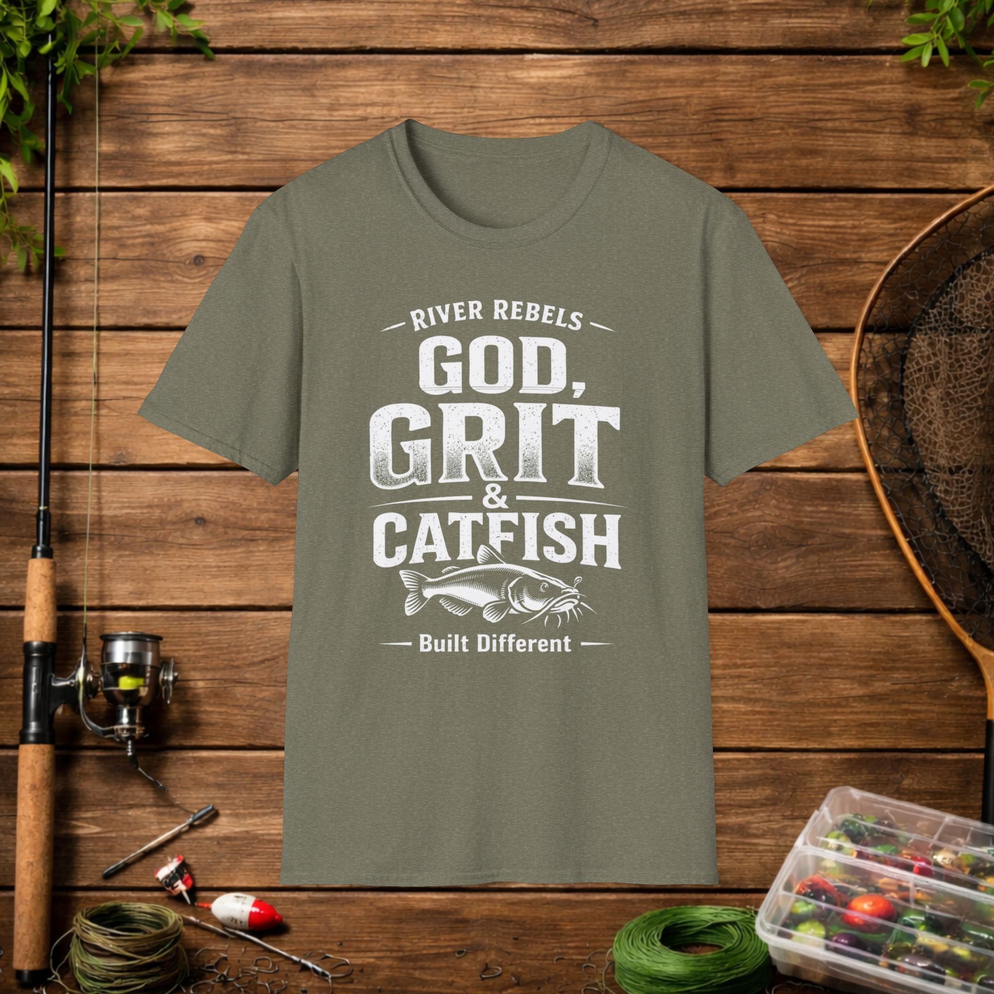 God Grit & Catfish Shirt – River Rebels Faith Fishing Tee – Christian Outdoor Shirt – Built Different Country Apparel