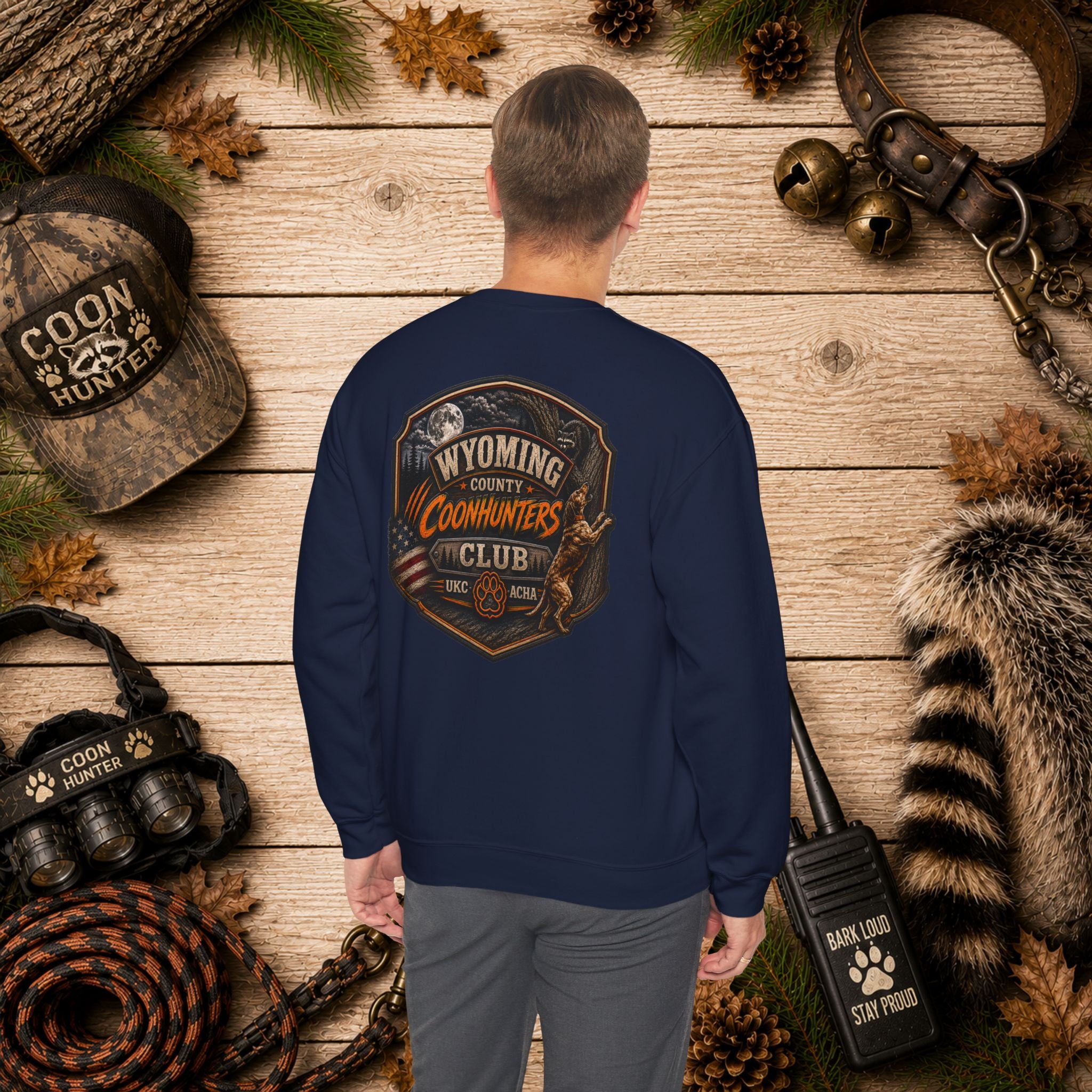 Wyoming County Coonhunters Club Sweatshirt Daul print Banner front/Badge back