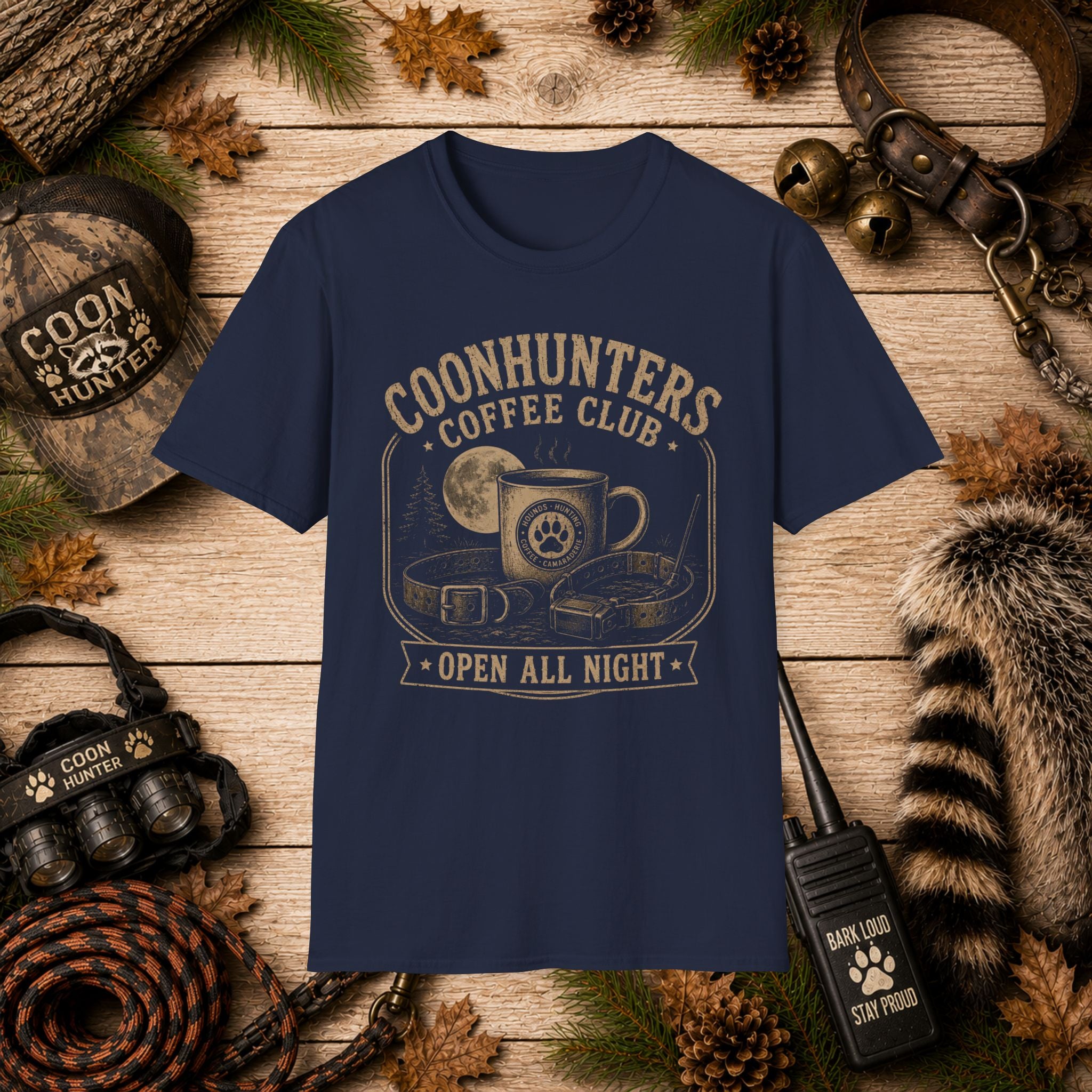 Coonhunters Coffee Club T-Shirt — Vintage Moon & Mug Graphic