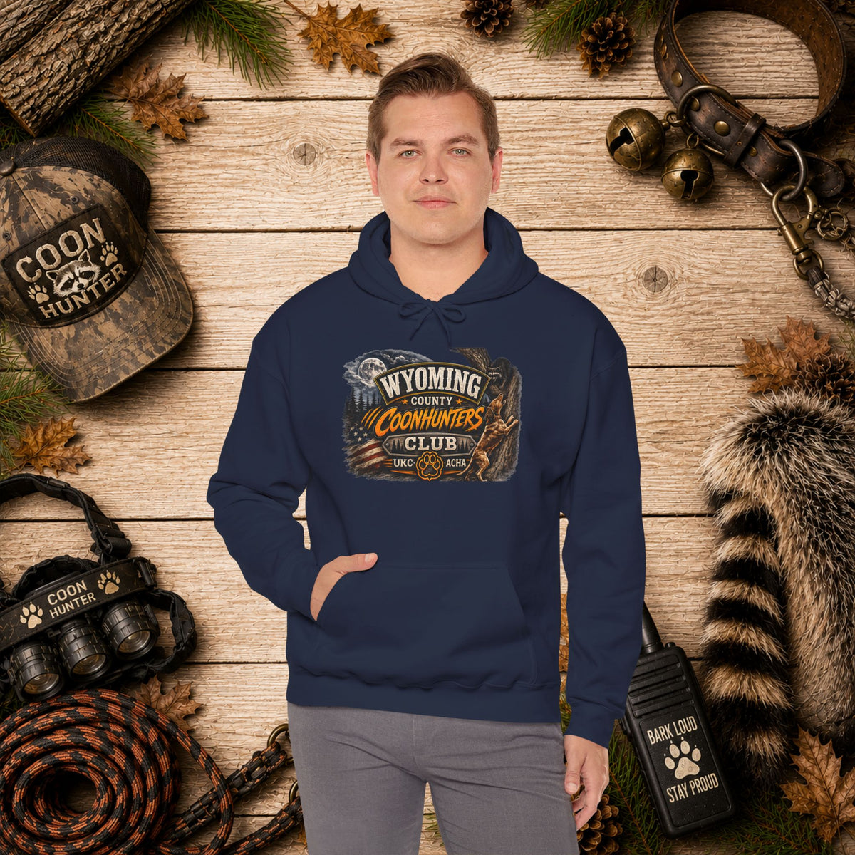 Wyoming Coonhunters Club Hoodie – Vintage Coon Hunting Graphic Dual print Banner front/Badge Back