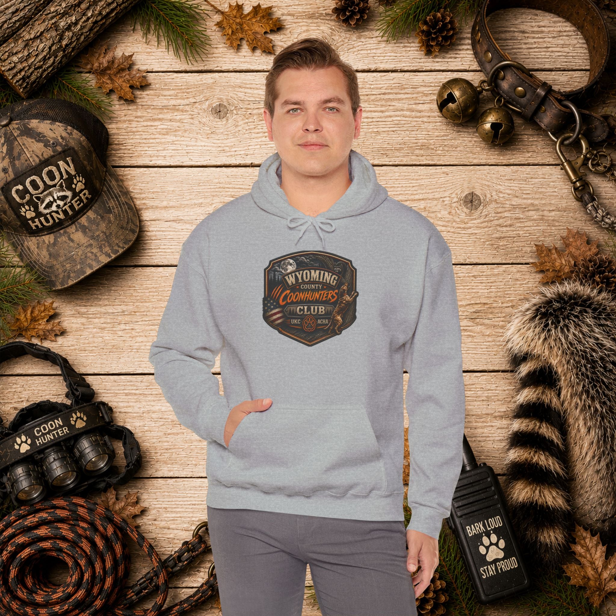 Wyoming Coonhunters Club Hoodie – Dual print badge front/banner back