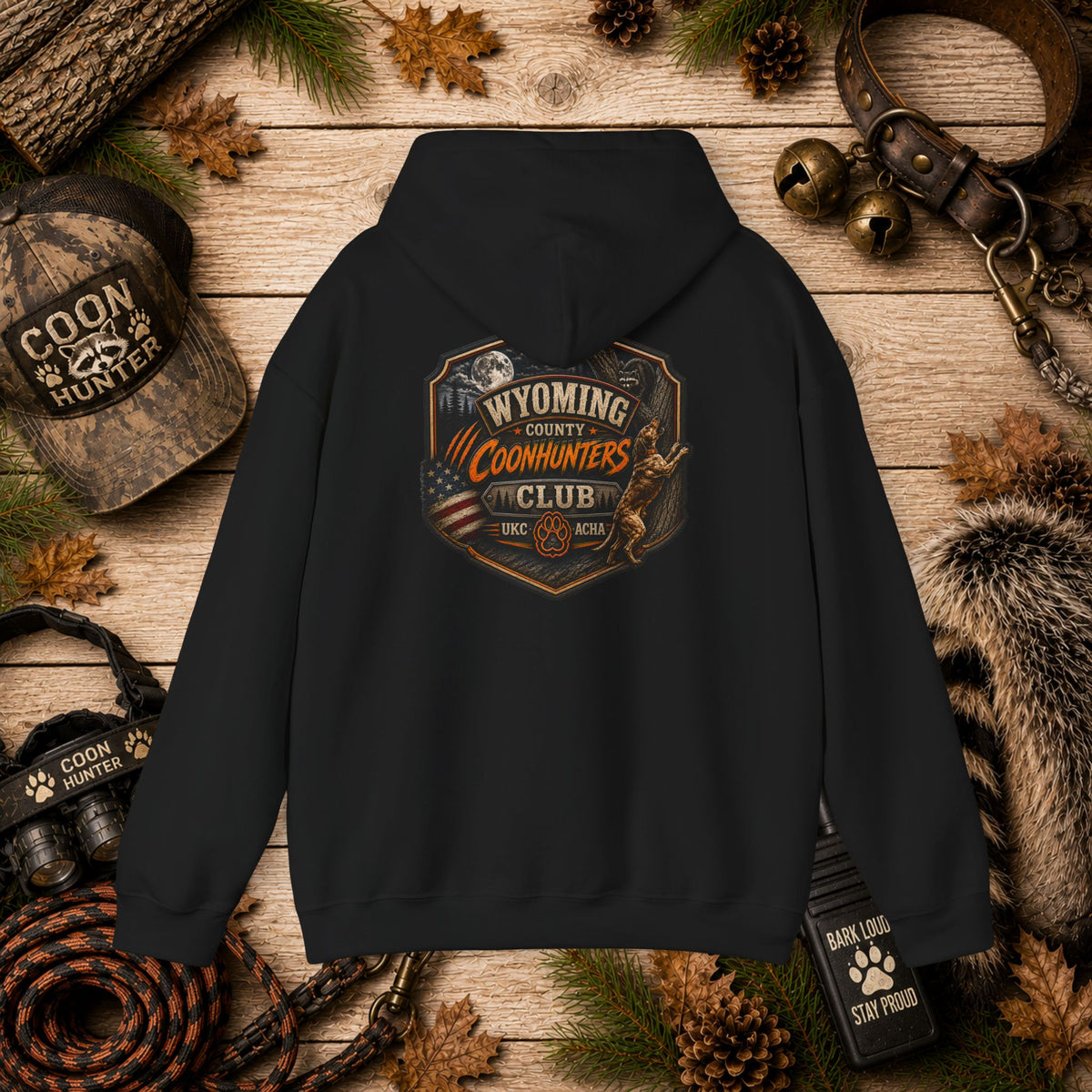 Wyoming Coonhunters Club Hoodie – Vintage Coon Hunting Graphic Dual print Banner front/Badge Back