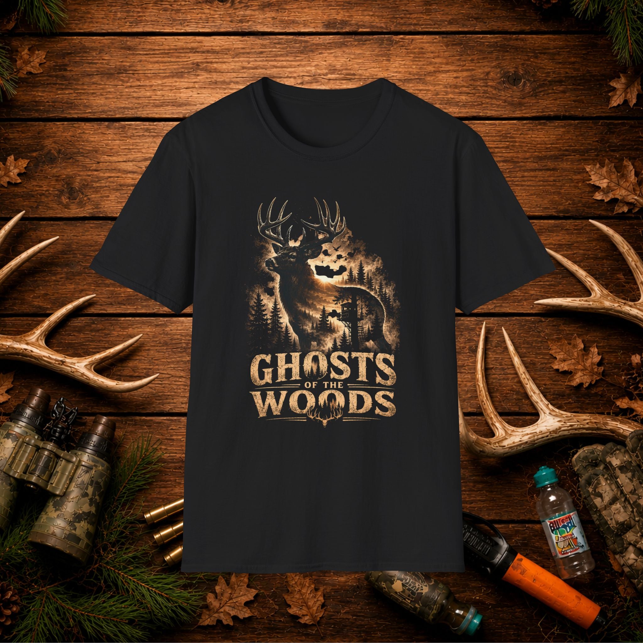 Ghosts of the Woods Deer Graphic T-Shirt — Moonlit Stag Forest Hunting Tee